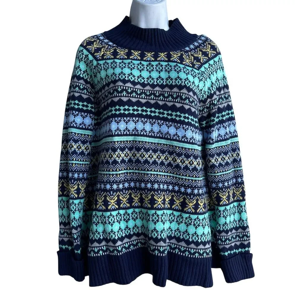 NEW YORK COMPANY Fair Isle Sweater Multicolor Mock Neck Knit Pullover Women's M